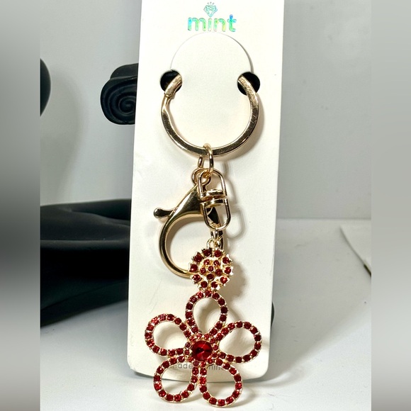 Crystal Flower Keychain Charm - Red & Gold Accent - Picture 3 of 7
